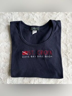 Vintage St Croix Baby Tee Shirt Womens Medium Navy Cane Bay Dive Shop Vtg READ